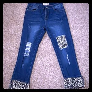 Leopard distressed cuffed jeans